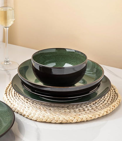 LERATIO Ceramic Dinnerware Sets for 4,16-Piece Reactive Glaze Plates and Bowls Set with Mugs,Highly Chip and Crack Resistant | Dishwasher,Microwave & Oven Safe Dishes set-Green