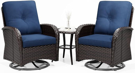 Joyside Outdoor Swivel Rocker Chairs, 3 Piece Wicker Patio Set with Thick Cushion and Side Table, Rattan Patio Swivel Rocking Chairs for Porch, Deck Use (Brown/Blue, 3 PCS)