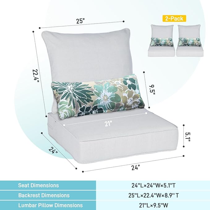 Aoodor Outdoor Chair Cushion, 24 x 24 Inch Water-Resistant, Fade-Resistant Olefin Fabric Patio Seat Cushions with Removable Cover and Adjustable Straps for Outdoor Furniture, Set of 2, Grey