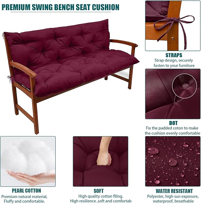 Swing Replacement Seat Cushions, 2-3 Seater Bench Cushions for Outdoor Furnitur with Backrest, Garden Recliner Seat Cushions Waterproof Sofa Pads (Wine Red, 47x40in)