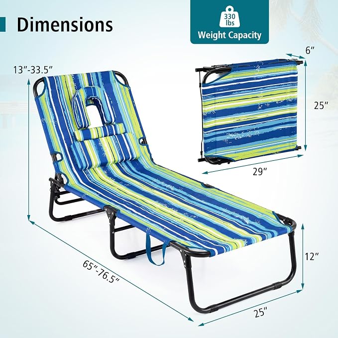 GYMAX Tanning Chair, 330lbs Beach Lounge Chair with Face Hole, Detachable Washable Pillow & Carry Strap, Adjustable Folding Lounger, Layout Chair for Outside, Patio, Poolside, Lawn (2, Blue Stripe)