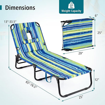 GYMAX Tanning Chair, 330lbs Beach Lounge Chair with Face Hole, Detachable Washable Pillow & Carry Strap, Adjustable Folding Lounger, Layout Chair for Outside, Patio, Poolside, Lawn (2, Blue Stripe)