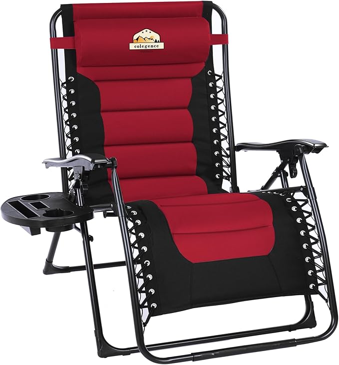 Oversized Padded Zero Gravity Lounge Chair, Foldable Patio Anti Gravity Reclining Chairs Folding Lawn Recliner with Cup Holder for Yard, Camping, Outdoor, Support 350 LBS, Burgundy