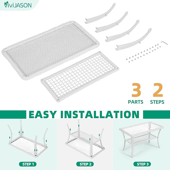 VIVIJASON Outdoor Wicker Coffee Table, All-Weather Rattan Patio Coffee Table with 2-Tier Storage, Tempered Glass Top Rectangle Center Table for Deck, Garden, Balcony, Porch, Indoor or Outdoor Use