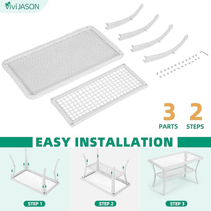 VIVIJASON Outdoor Wicker Coffee Table, All-Weather Rattan Patio Coffee Table with 2-Tier Storage, Tempered Glass Top Rectangle Center Table for Deck, Garden, Balcony, Porch, Indoor or Outdoor Use