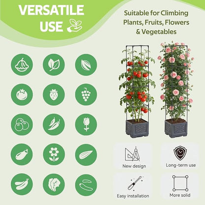 Tomato Planter Box with Trellis - Self-Watering Rolling Raised Garden Bed with Tomato Cages for Climbing Plants - Tomato Pots with Cage Plant Support for Flower Vegetable Vine Indoor Outdoor