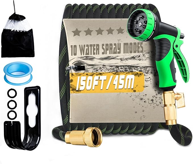 Non-Expandable Garden Hose 50FT, Heavy-Duty Flexible Water Hose, No-Kink Design with 10-Pattern Spray Nozzle, Solid Brass Connectors, Leak-Proof, Includes Hose Hanger & Extra Washers (150FT)