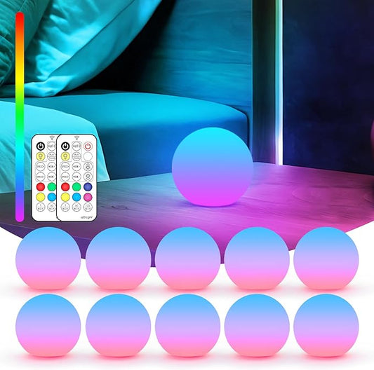 LOFTEK 3-inch Rechargeable LED Ball Lights, Sphere Night Light, 16 RGB Color Glowing Mood Lighting, IP65 Waterproof Ambient Light for Home Bedroom Patio Pool Bathtub Decorative Lighting, 10 Pack