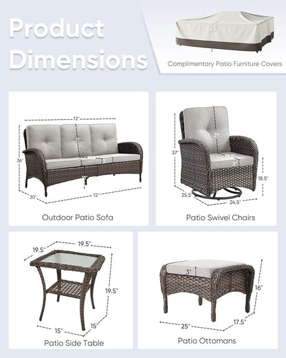 6 Pieces Outdoor Furniture-Patio Swivel Rocker Chairs Set of 2 3-Seater Wicker Couch with Outdoor Ottoman Outdoor Patio Furniture Set for Deck Porch Garden Balcony Poolside-Brown/Beige