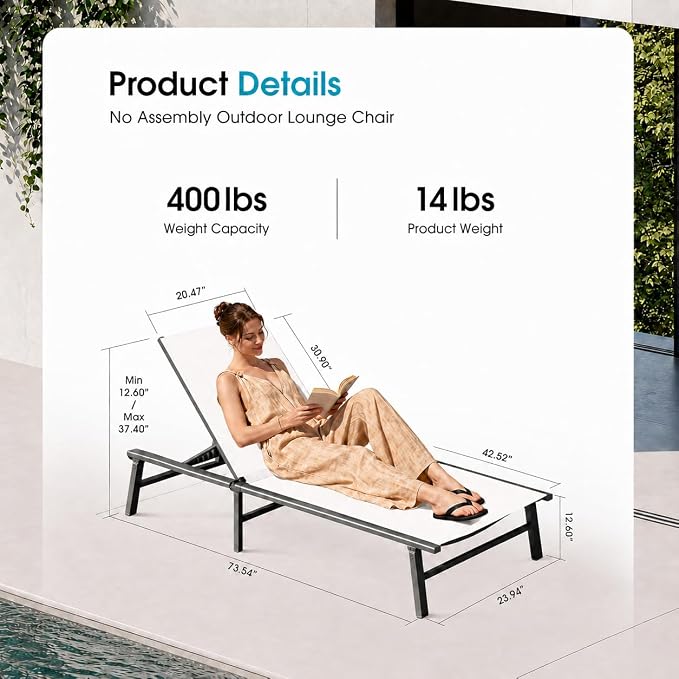 Ciokea Foldable Outdoor Lounge Chair, No Assembly Patio Chaise Lounge Outdoor with 5-Positions, Aluminum Pool Lounge Chair with Portable Design for Pool, Beach, Deck, Backyard, White