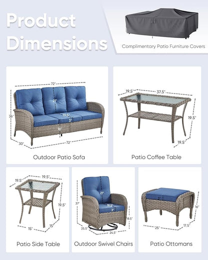 7 Pieces Outdoor Patio Furniture-Swivel Patio Chairs Set of 2 Outdoor Wicker Rattan Sofa Couch with Ottoman Outdoor Conversation Set for Deck Porch Garden Balcony Poolside-Grey/Blue