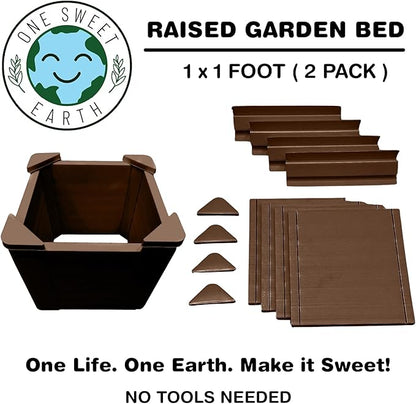Raised Garden Bed - 1x1 ft Planter Box - Brown HDPE - No Tools Needed - DIY Kit for Urban Gardening, Flowers, Herbs & Vegetables - Made in The USA - 2 Pack