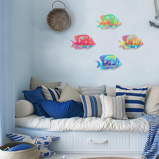 Oraytteo Metal Fish Outdoor Wall Decor, 4 Pack Sea Fish Wall Art Hanging Decorations for Indoor Outdoor Barthroom Fence Pool Patio Decor, Gift for Mom Dad Friends