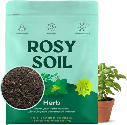 Rosy Soil Herb Mix - Organic Indoor and Outdoor Herb Soil - Biochar, Worm Castings, Mycorrhizae - Peat Free Potting Mix, Fast Draining - Basil Cilantro Lavender Thyme Mint Rosemary - 4qt