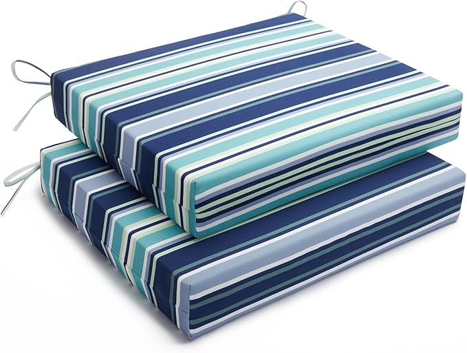 Basic Beyond Outdoor Chair Cushions Set of 2, Square Corner Outdoor Cushions for Patio Furniture, Water Resistant Patio Chair Cushions with 2 Ties, 18.5x16x3, Pinstriped Blue