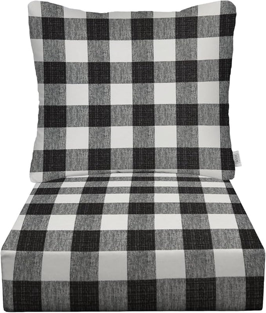 RSH DECOR Deep Seating Cushion with Pillow Back | 24” x 23”” Seat | Water and Fade-Resistant Spun Fabric | Outdoor Chair Cushion Set for Patio Furniture | Black Buffalo Plaid