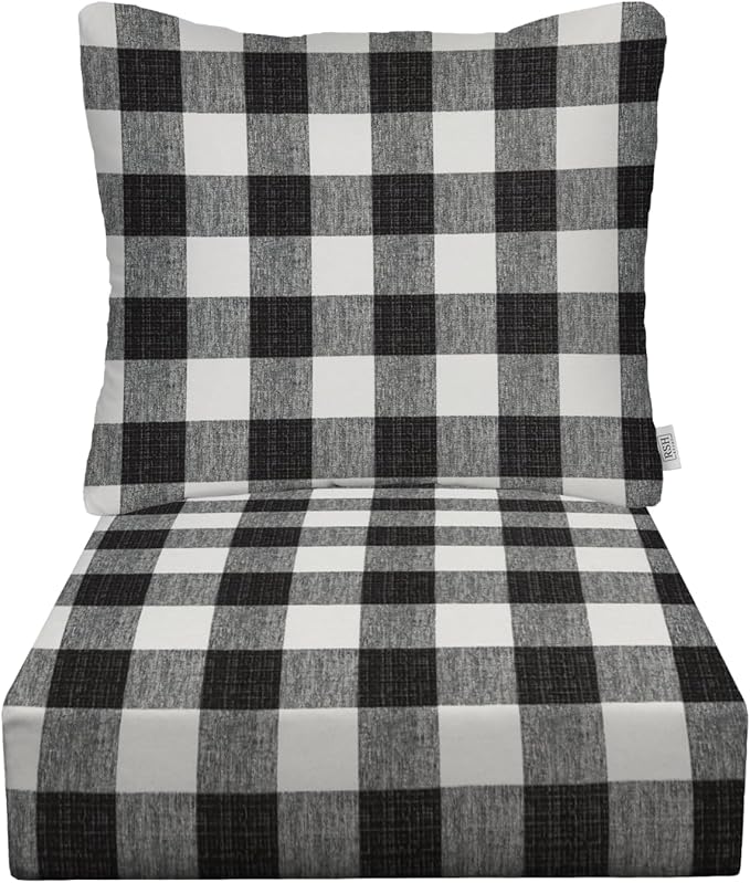 RSH DECOR Deep Seating Cushion with Pillow Back | 23” x 25” Seat | Water and Fade-Resistant Spun Fabric | Outdoor Chair Cushion Set for Patio Furniture | Black Buffalo Plaid
