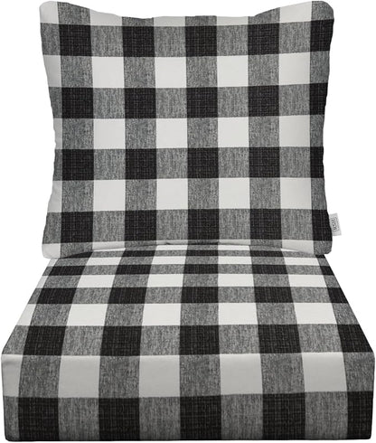 RSH DECOR Deep Seating Cushion with Pillow Back | 23” x 25” Seat | Water and Fade-Resistant Spun Fabric | Outdoor Chair Cushion Set for Patio Furniture | Black Buffalo Plaid