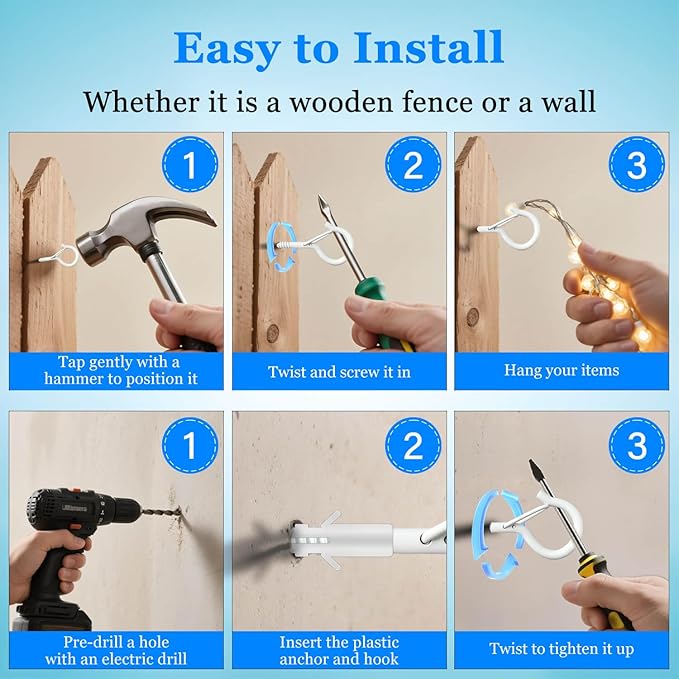 12 Pack Black Screw Hooks with Safety Buckle - 2.3 Inch Rustproof Eye Ceiling Hooks for Hanging Plants,Outdoor String Lights,Baskets,Christmas Lights & Decor,40lb Capacity (12, White)