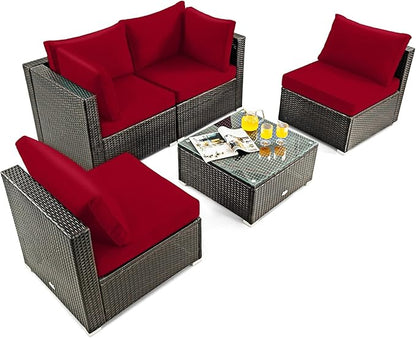 HAPPYGRILL 5-Piece Patio Furniture Set Outdoor Rattan Wicker Sofa Set with Coffee Table Sectional Sofa Conversation Set with Pillows Cushions for Backyard Porch Garden Poolside