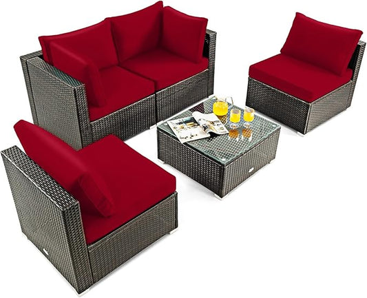 HAPPYGRILL 5-Piece Patio Furniture Set Outdoor Rattan Wicker Sofa Set with Coffee Table Sectional Sofa Conversation Set with Pillows Cushions for Backyard Porch Garden Poolside
