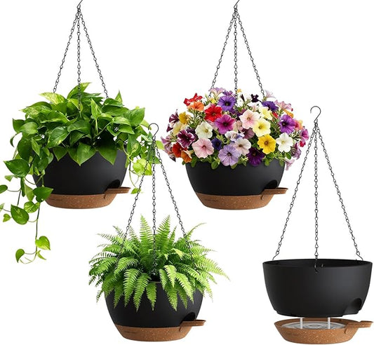 UOUZ 4 Pack 8 Inch Self Watering Hanging Planters for Indoor Outdoor Plants，Hanging Pots for Plants with Drainage Removable Tray, Hanging Baskets Flower Pots for Pothos Spider Garden Black with Brown