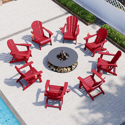 Folding Adirondack Chair with Cup Holders Set of 2, HDPE Plastic Outdoor Chairs, Weather Resistant, Real Wood Look for Patio, Deck, Fire Pit, Backyard, Red