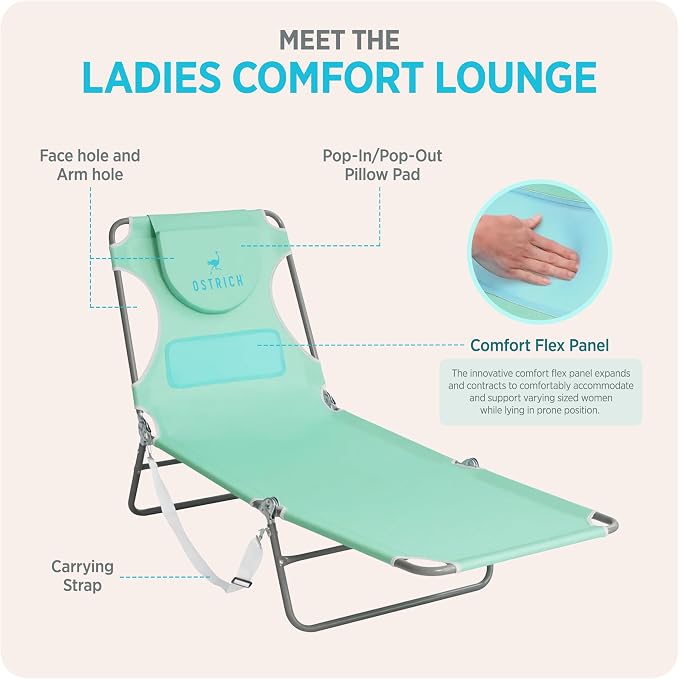 Ostrich the Ladies Comfort Lounger with Chest Support, Foldable and Portable Reclining Outdoor Patio Beach Lawn Camping Pool Tanning Chair, Teal