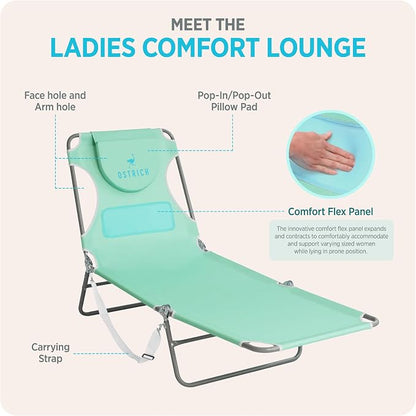 Ostrich the Ladies Comfort Lounger with Chest Support, Foldable and Portable Reclining Outdoor Patio Beach Lawn Camping Pool Tanning Chair, Teal