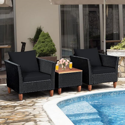 COSTWAY 3 Pieces Patio Rattan Furniture Set, Outdoor Wicker Conversation Chairs Set with Acacia Wood Coffee Table & Washable Cushion, Porch Furniture Bistro Set for Balcony, Garden, Backyard, Black