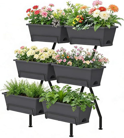 ETELI Vertical Raised Garden Bed 3 Tier Garden Planter Indoor Outdoor Herb Planter with 6 Removable Boxes Standing Garden Planter with Drainage Holes Elevated Raised Bed for Patio Balcony Porch, Grey