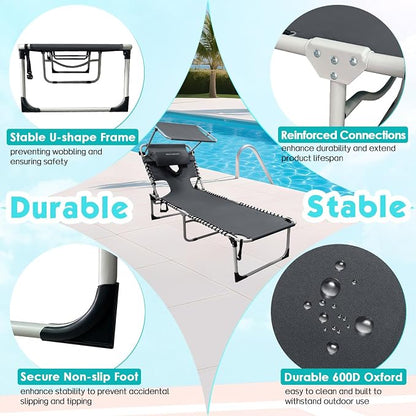 Outdoor Tanning Chair with Sun Canopy Shade & Face Hole, Folding Lounge Chair with Beach Table and Carry Bag for Poolside Sunbathing Lawn