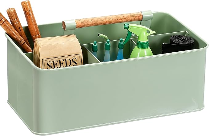 Gardening Tool Caddy, Garden Tool Basket with 4 Compartments, Metal Garden Caddy with Wooden Handle for Indoor & Outdoor