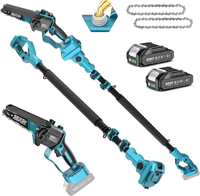 SEESII 2-in-1 Electric Pole Saws for Tree Trimming, 6 Inch Mini Chainsaw Cordless with Extension Pole, Battery Powered Pole Chain Saw, Tree Trimmer Limb Branch Cutter Pruner with 2 Battery PS600