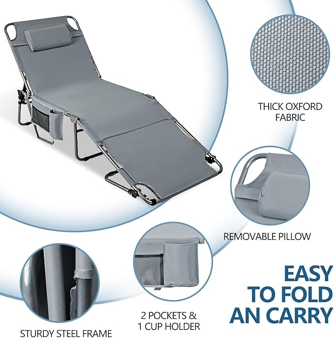 Tanning Chair with Face Hole, Adjustable Folding Chaise Lounge Chairs for Outside with Detachable Pillow & Pocket，Portable flat beach chairs for sunbathing, beach lawns camping (Deep Grey, Oversized)