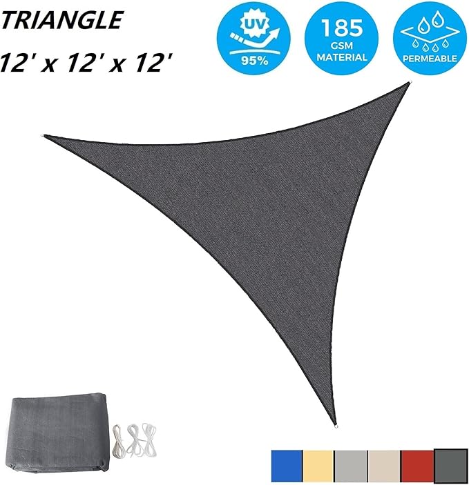 AsterOutdoor Sun Shade Sail Triangle 12' x 12' x 12' UV Block Canopy for Patio Backyard Lawn Garden Outdoor Activities, Graphite