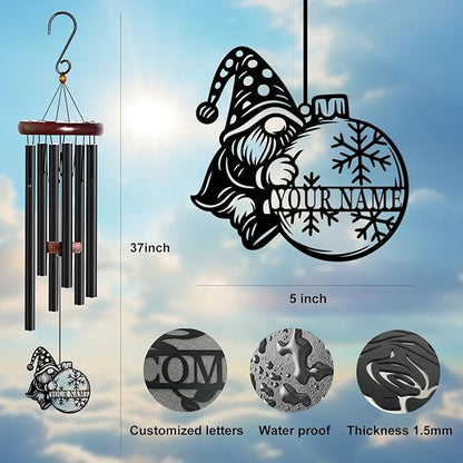 Personalized Customize Name Gnome Wind Chime, Metal Iron 37 Inch Outdoor Memorial Gift for Garden Yard Patio Home Decor, Black，Christmas (Style G)