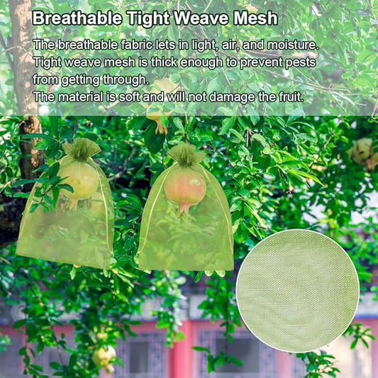 Shintop 100Pcs Fruit Protection Bags, 8x12 Inch Green Grape Netting Cover Drawstring Mesh Bags Pest Barrier for Fruit Trees Flower