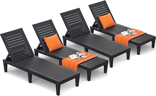 Outdoor Lounge Chairs Set of 4 for Poolside Patio, Weather-Resistant Pool Chaise Lounge with Adjustable Backrest, Resin Tanning Chair Sun Lounger for Outside Deck, Beach, Sunbathing, Black