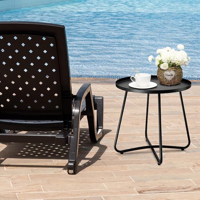 danpinera Outdoor Side Tables, Weather Resistant Steel Patio Side Table, Small Round Outdoor End Table Metal Side Table for Patio Yard Balcony Garden Bedside Black, Set of 2