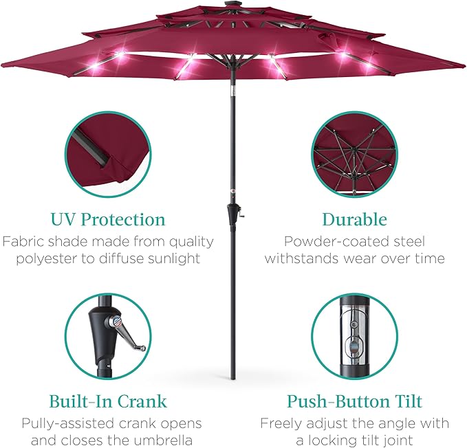 Best Choice Products 10ft 3-Tier Solar Patio Umbrella, Outdoor Market Sun Shade for Backyard, Deck, Poolside w/ 24 LED Lights, Tilt Adjustment, Easy Crank, 8 Ribs - Burgundy