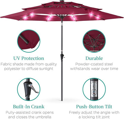 Best Choice Products 10ft 3-Tier Solar Patio Umbrella, Outdoor Market Sun Shade for Backyard, Deck, Poolside w/ 24 LED Lights, Tilt Adjustment, Easy Crank, 8 Ribs - Burgundy