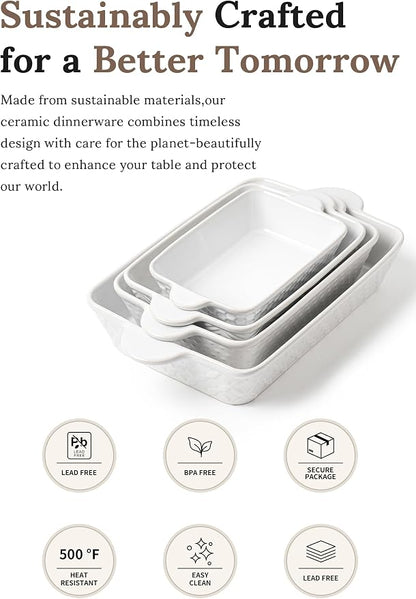 FOBENTA Casserole Dishes for Oven - Ceramic Bakeware Sets of 4, Rectangular Baking Deep Dishes with Handles, Lasagna Pans for Kitchen Cooking & Wedding Gift, Embossed