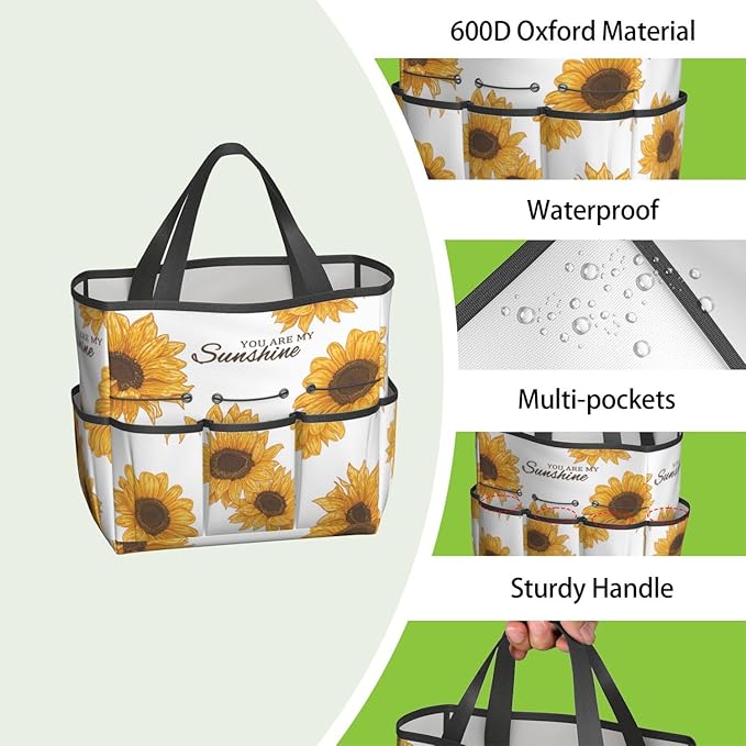 Sunflower Garden Tool Bag - Waterproof Garden Tote with 8 Pockets, Large Storage Home Organizer Gardening Tool Oxford Bag for Garden Tools Kits Holder, Ideal Outdoor Gardening Gift for Women & Men