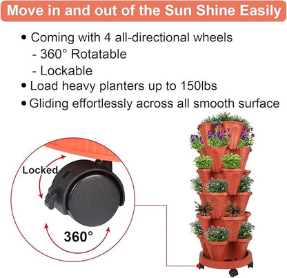 GameXcel Vertical Planter Tower- 6 Tier Stackable Garden Planter with Wheels and Tool Set – Grow Strawberries Herbs Flowers and Vegetables - Indoor Outdoor Use Red