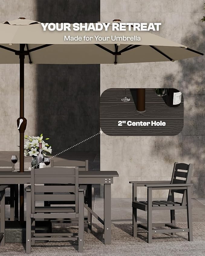 7-Piece Black HDPE Patio Table and Chairs Set, Weather Resistant Outdoor HDPE Dining Table Sets with Umbrella Hole for Lawn, Garden, Deck, Poolside, Balcony