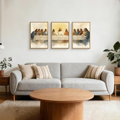 FWIEXA Jesus Last Supper Canvas Wall Art Set 3, Framed Christian Easter Decor Painting, Religious Boho Prints , Bible Watercolor Artwork, 16x24In Verse Scripture Pictures for Living Room,Bedroom,Prayer Room