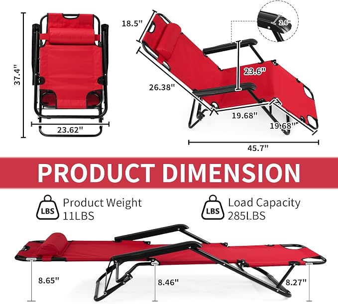Outvita Folding Chaise Lounge Chair, Outdoor Adjustable Recliner Chair with Pillow for Camping, Beach, Poolside, Garden, Backyard, Lawn