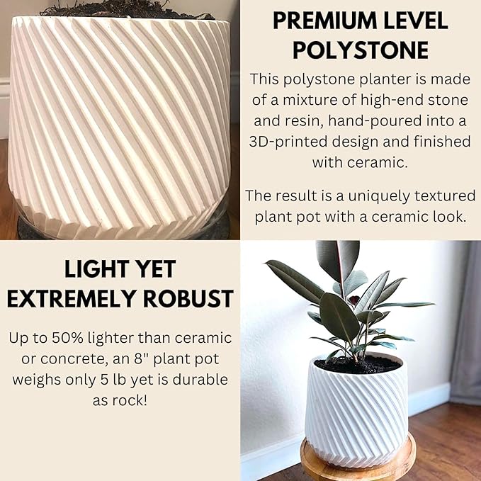 Fox & Fern 8 Inch Plant Pot with Drainage Plug — Premium Polystone White Plant Pot - Modern Planter with 3D Texture and Ceramic Finish - 8 Inch Pots for Plants Indoor & Outdoor - Lightweight