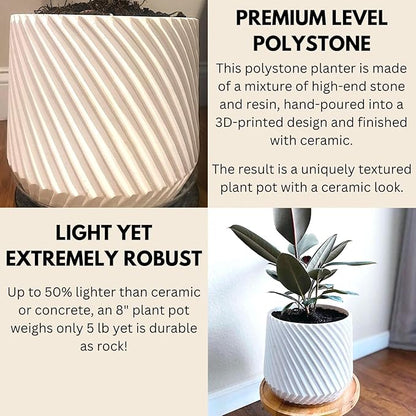 Fox & Fern 8 Inch Plant Pot with Drainage Plug — Premium Polystone White Plant Pot - Modern Planter with 3D Texture and Ceramic Finish - 8 Inch Pots for Plants Indoor & Outdoor - Lightweight